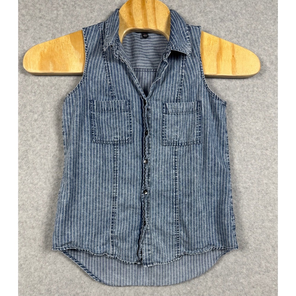 Rock & Republic Button Down Top Womens S Blue Sleeveless Pinstripe Denim